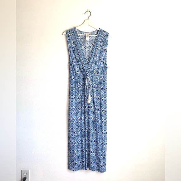 La Blanca Blue / White Mediterranean Floral Swim Cover Maxi Dress Size Large - Picture 1 of 11